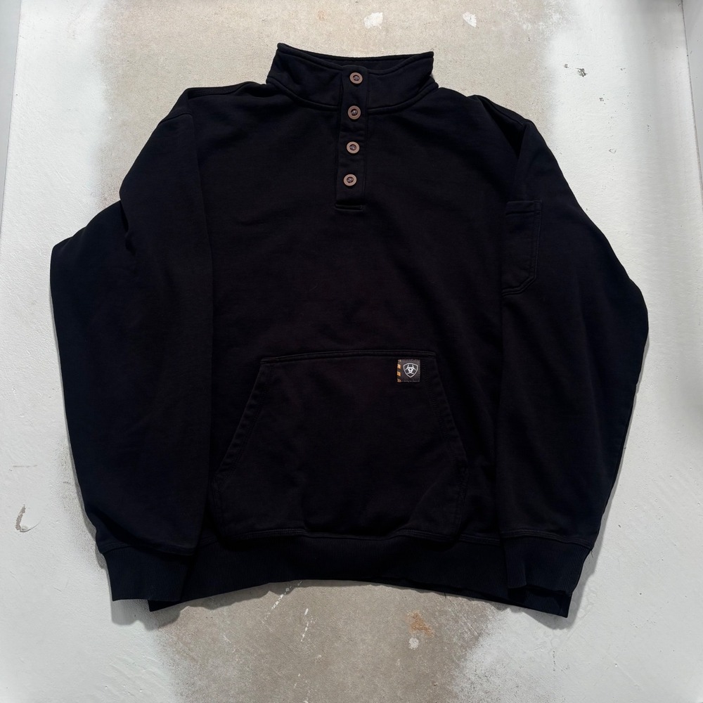 Ariat Rebar Mens Large Black Button Mock Neck Work Pullover Sweatshirt Pocket